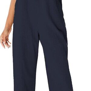 Women Summer Cotton Linen Bib Overalls X-Large Pockets Casual Jumpsuits